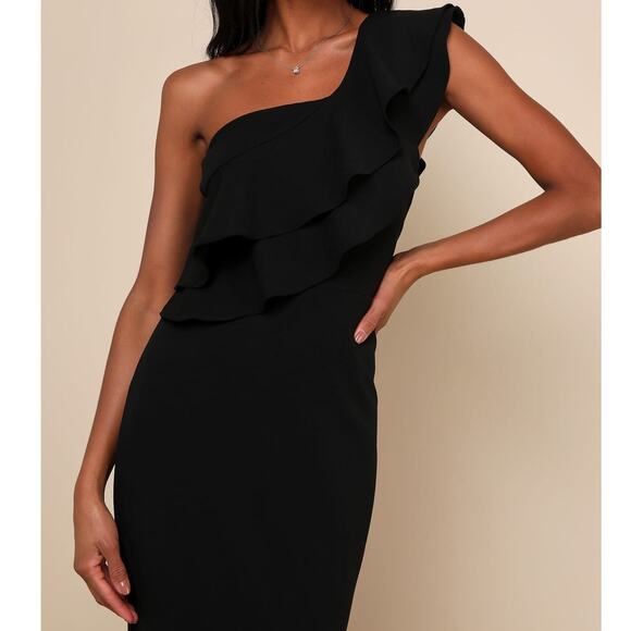 Lulus NWT Grand Beauty Black Ruffled One-Shoulder Mermaid Maxi Dress Large - Picture 4 of 11